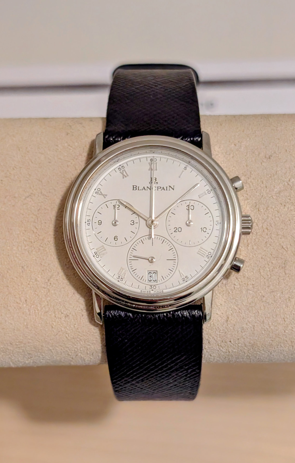 Blancpain chronograph with a silvered dial on a black leather strap, donated by a private collector