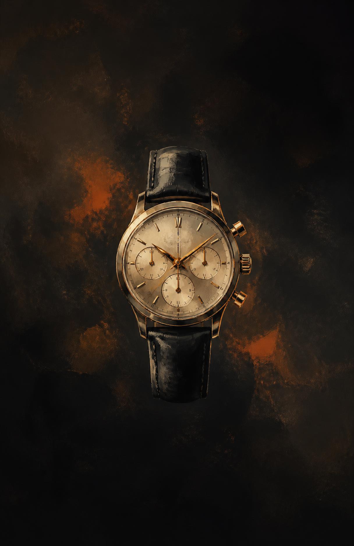 Illustration picturale abstraite d'un chronographe classique sur bracelet en cuir noir